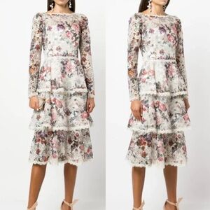 MARCHESA NOTE | Floral Lace Tiered Dress | long sleeves midi dress | size 6
